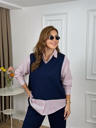 Lacivert-Kırmızı V Yaka Gömlek Detaylı Çizgili Modal Kumaş Eşofman Takımı 5486