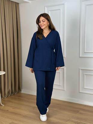 Lacivert Kruvaze Yaka Bağlamalı Kimono Takım 26118