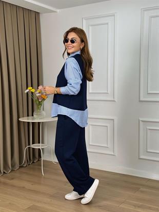 Lacivert-Mavi V Yaka Gömlek Detaylı Çizgili Modal Kumaş Eşofman Takımı 5486