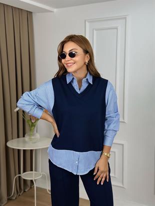 Lacivert-Mavi V Yaka Gömlek Detaylı Çizgili Modal Kumaş Eşofman Takımı 5486