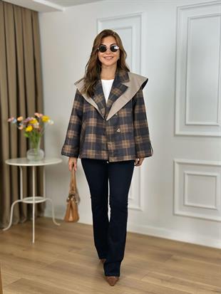 Lacivert Şal Detaylı Astarlı Ekose Desenli Trenchcoat 6302