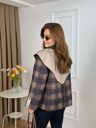 Lacivert Şal Detaylı Astarlı Ekose Desenli Trenchcoat 6302