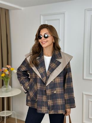 Lacivert Şal Detaylı Astarlı Ekose Desenli Trenchcoat 6302