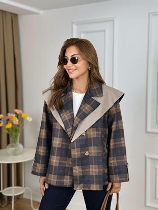 Lacivert Şal Detaylı Astarlı Ekose Desenli Trenchcoat 6302