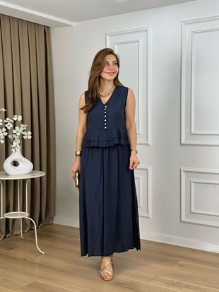 Lacivert V Yaka Düğme Detaylı  Bluz Etek Takım 269002