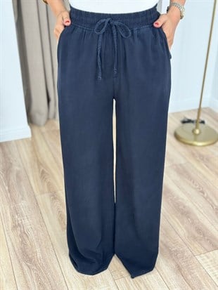 Lacivert Yüksek Bel Beli Lastikli Keten Pantolon 7256