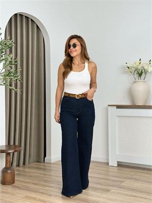 Lacivert Yüksek Bel Kemerli Geniş Paça Kot Pantolon 7082