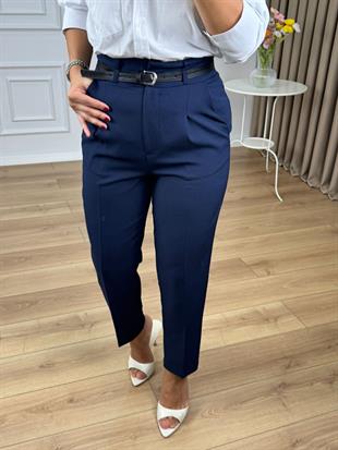 Lacivert Yüksek Bel Kemerli Yanları Cepli Pantolon 3790