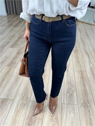 Lacivert Yüksek Bel Likralı Toparlayıcı Paçası Kesik Fit Mom Jean 764