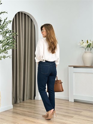 Lacivert Yüksek Bel Likralı Toparlayıcı Paçası Kesik Fit Mom Jean 764
