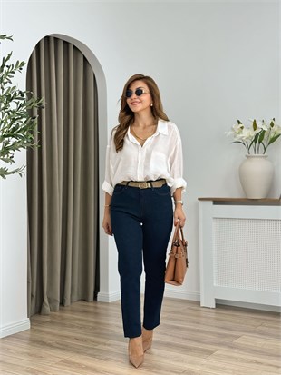 Lacivert Yüksek Bel Likralı Toparlayıcı Paçası Kesik Fit Mom Jean 764