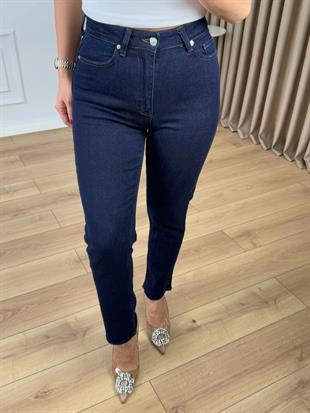 Lacivert Yüksek Bel Likralı Toparlayıcı Paçası Kesik Fit Mom Jean 764