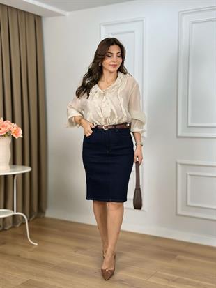 Lacivert Yüksek Bel Orta Boy Jean Etek 1039