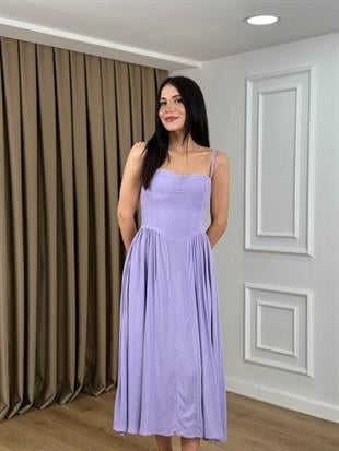 Lila Ayarlanabilir Askılı Arkası Fermuarlı Elbise 3022