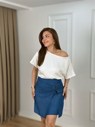 Mavi Beli Büzgülü Tensel Denim Kumaş Etek 257090