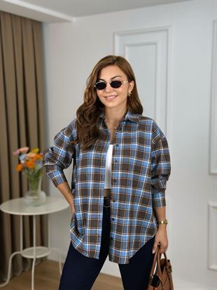 Mavi Düğmeli Ekose Desenli Gömlek 2227