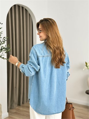 Mavi Düğmeli Oversize Gömlek 6082
