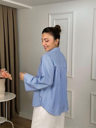 Mavi Kimono Model  Poplin Kumaş Çizgili Gömlek 26113