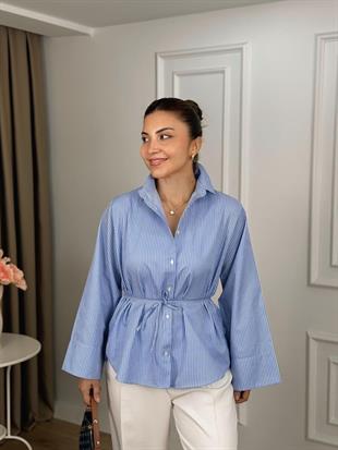Mavi Kimono Model  Poplin Kumaş Çizgili Gömlek 26113