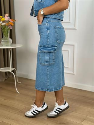 Mavi Yüksel Bel Kargo Cepli Likralı Denim Kumaş Etek 1023