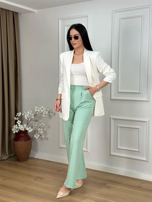 Mint Yeşili Yüksek Bel Cepli Pileli Palazzo Pantolon 3545