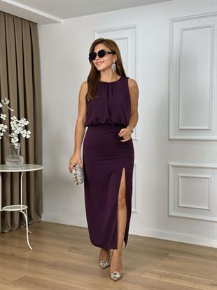 Mor Büzgü Detaylı Yanı Yırtmaçlı Fermuarlı Lüx Kalite Elbise 26202