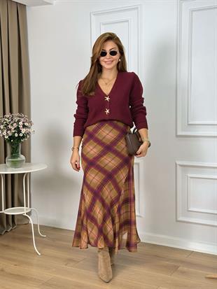 Mor Yandan Fermuarlı Volanlı Astarlı Ekose Etek 26114