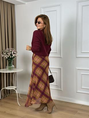 Mor Yandan Fermuarlı Volanlı Astarlı Ekose Etek 26114