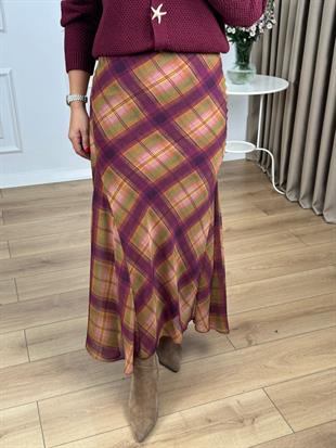 Mor Yandan Fermuarlı Volanlı Astarlı Ekose Etek 26114