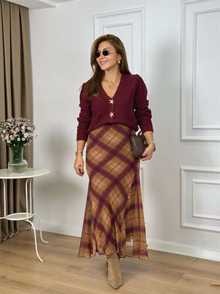 Mor Yandan Fermuarlı Volanlı Astarlı Ekose Etek 26114