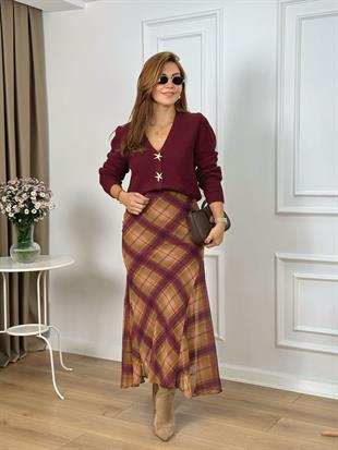 Mor Yandan Fermuarlı Volanlı Astarlı Ekose Etek 26114