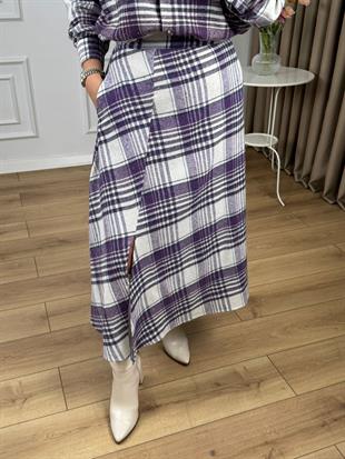 Mor Yüksek Bel Yandan Yırtmaçlı Taşlı Pamuk Yün Kumaş Etek 1920