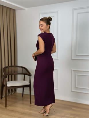 Mürdüm Bisiklet Yaka Düşük Kol Gold Tokalı Yırtmaçlı Elbise 25228