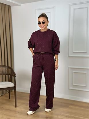 Mürdüm Bisiklet Yaka Taşlı Modal Kumaş Takım 26116