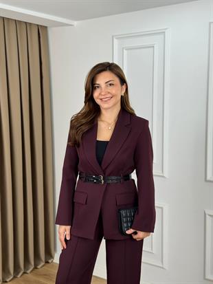 Mürdüm Çift Deri Kemerli Astarlı Ceket Pantolon Takım 9268
