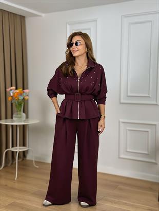 Mürdüm Dik Yaka Fermuarlı Taşlı Kemerli Modal Kumaş Takım 2373