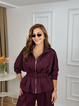 Mürdüm Dik Yaka Fermuarlı Taşlı Kemerli Modal Kumaş Takım 2373