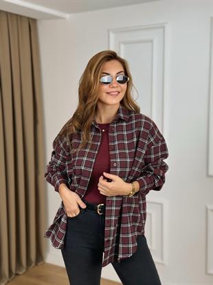 Mürdüm Düğmeli Ekose Desenli Gömlek 2227