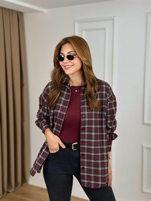 Mürdüm Düğmeli Ekose Desenli Gömlek 2227