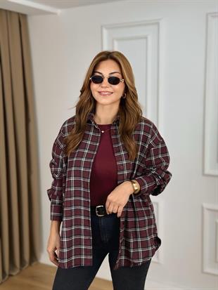 Mürdüm Düğmeli Ekose Desenli Gömlek 2227