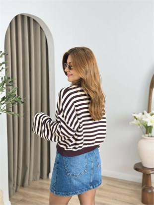 Mürdüm-Ekru Bisiklet Yaka Çizgili Triko 5563