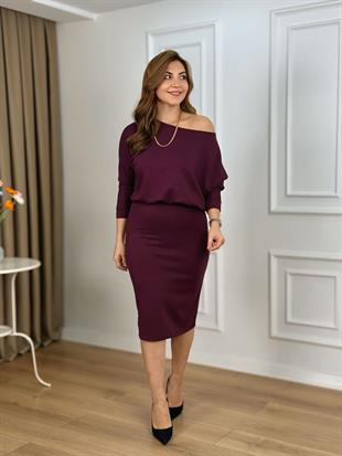 Mürdüm Kayık Yaka Beli Lastiikli Modal Kumaş Elbise 26134