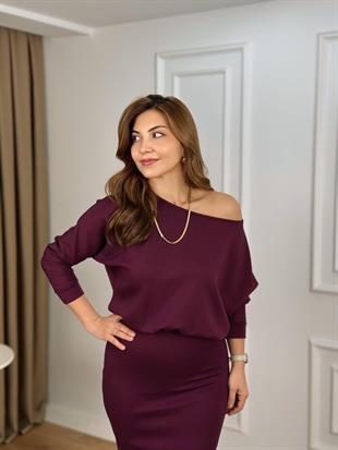 Mürdüm Kayık Yaka Beli Lastiikli Modal Kumaş Elbise 26134