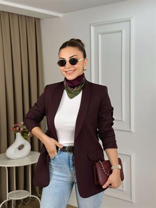 Mürdüm Kolu Büzgülü Astarlı Blazer Ceket 3102