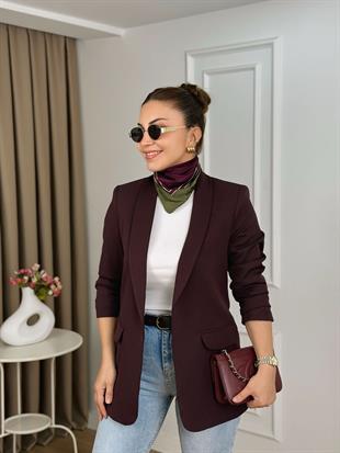 Mürdüm Kolu Büzgülü Astarlı Blazer Ceket 3102