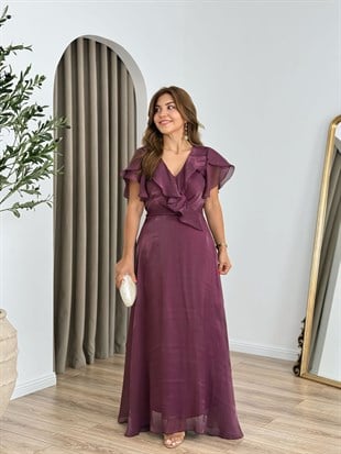 Mürdüm Kruvaze Yaka Volanlı Astarlı Organze Elbise 262797