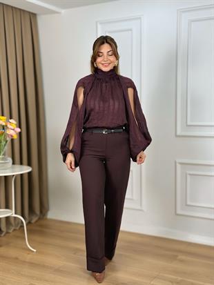 Mürdüm Yüksek Bel Kemerli Paçası Katlı Pantolon 3841