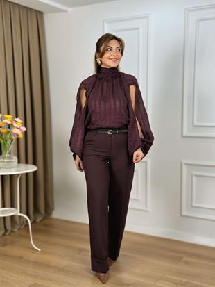 Mürdüm Yüksek Bel Kemerli Paçası Katlı Pantolon 3841