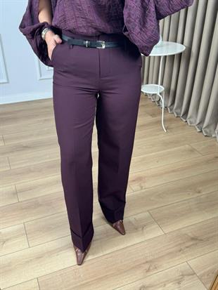 Mürdüm Yüksek Bel Kemerli Paçası Katlı Pantolon 3841