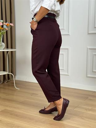 Mürdüm Yüksek Bel Kemerli Yanları Cepli Pantolon 3790